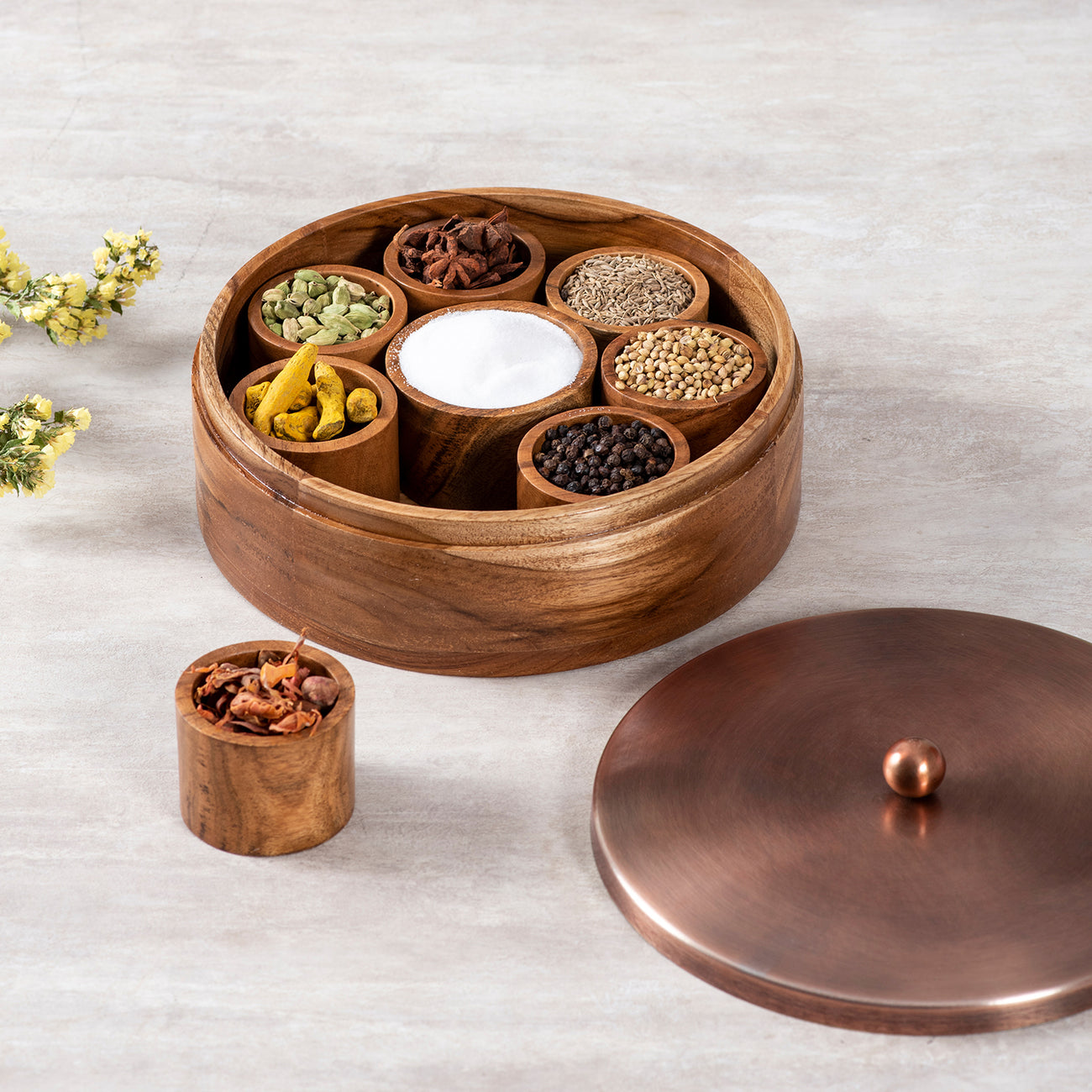 Classic Acacia Wood Masala Box - Copper