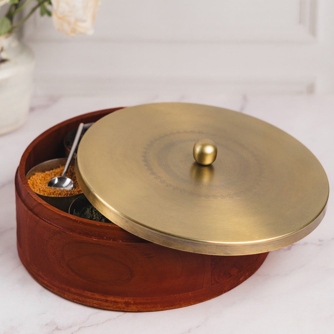 Inscribe Acacia Wood Masala Box - Gold