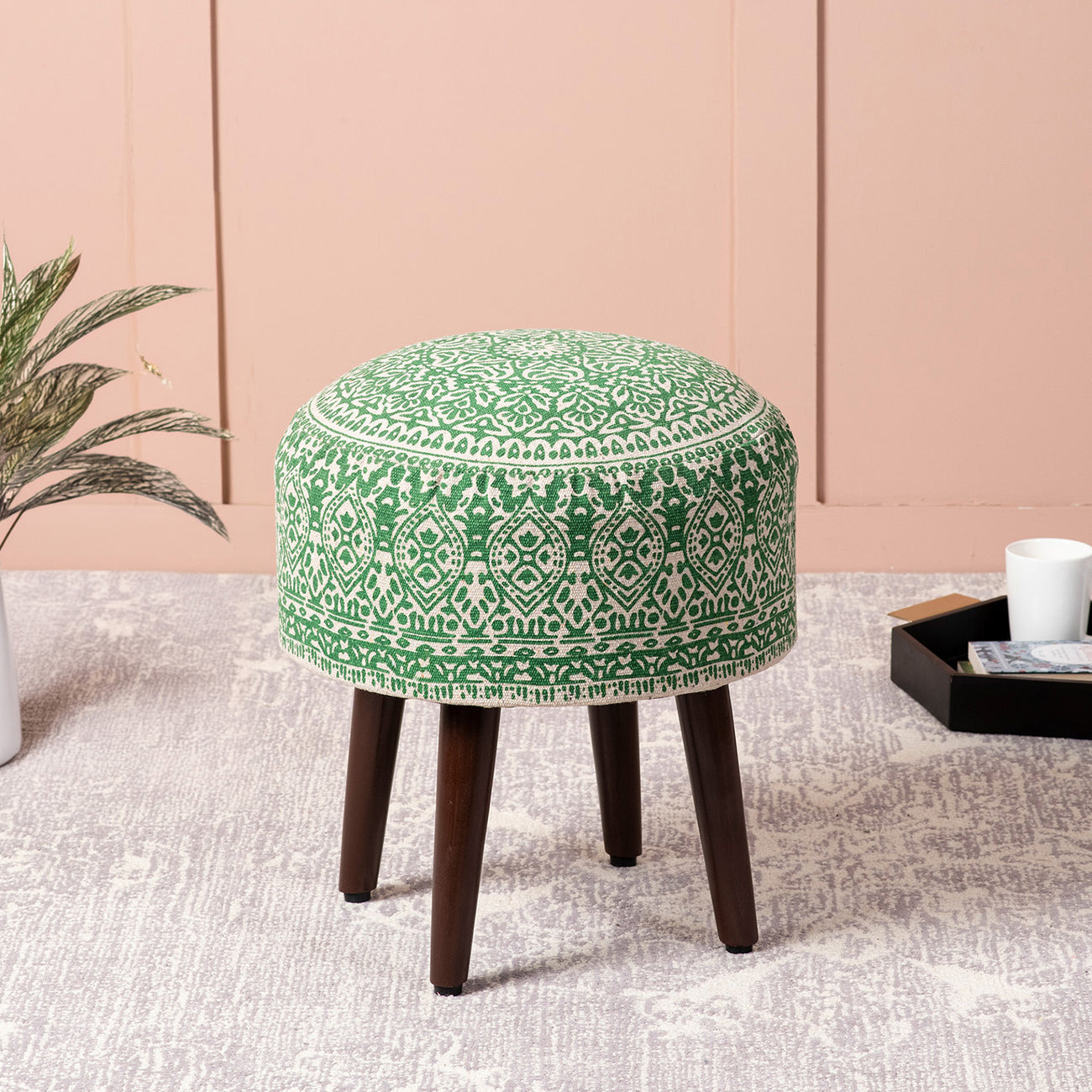 Botanic Fabric Wooden Ottoman in Green Color