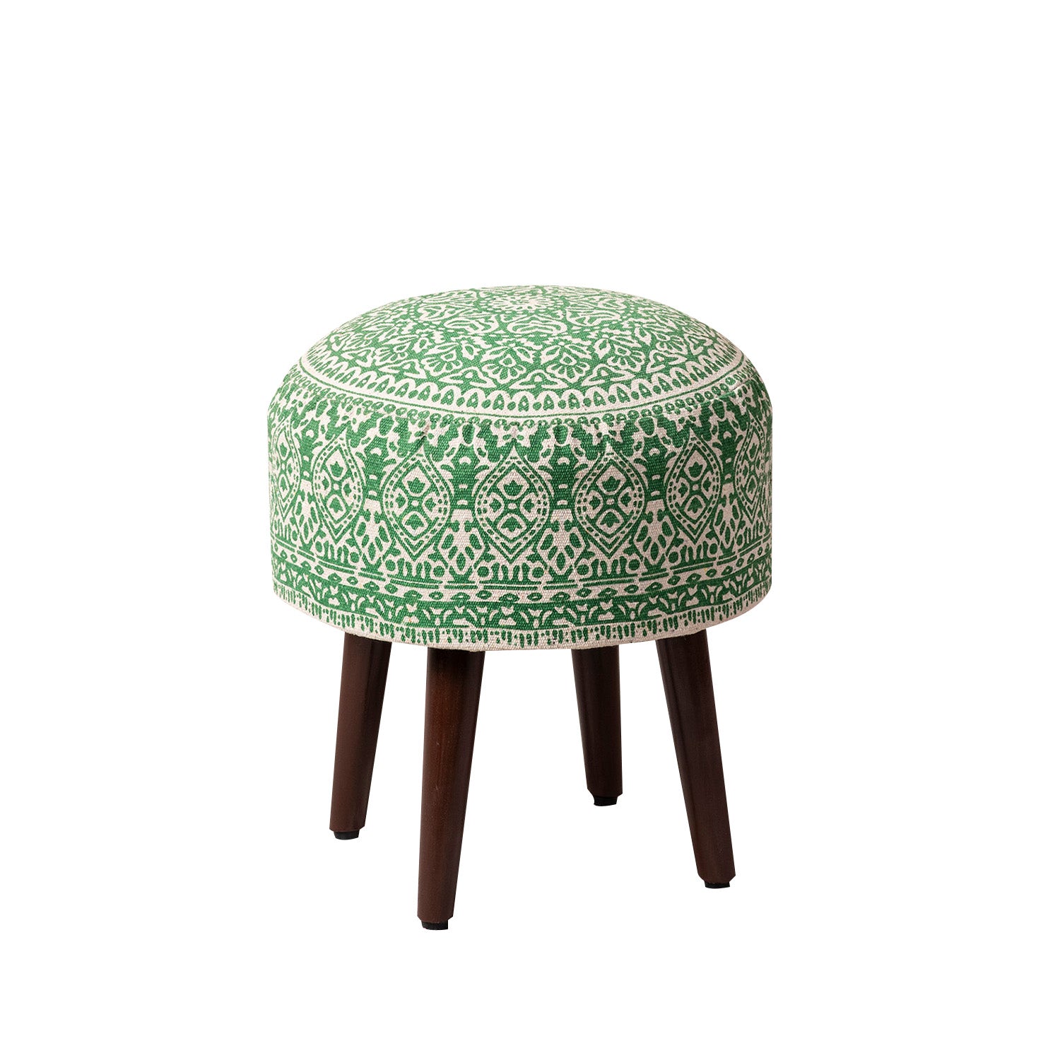 Botanic Fabric Wooden Ottoman in Green Color