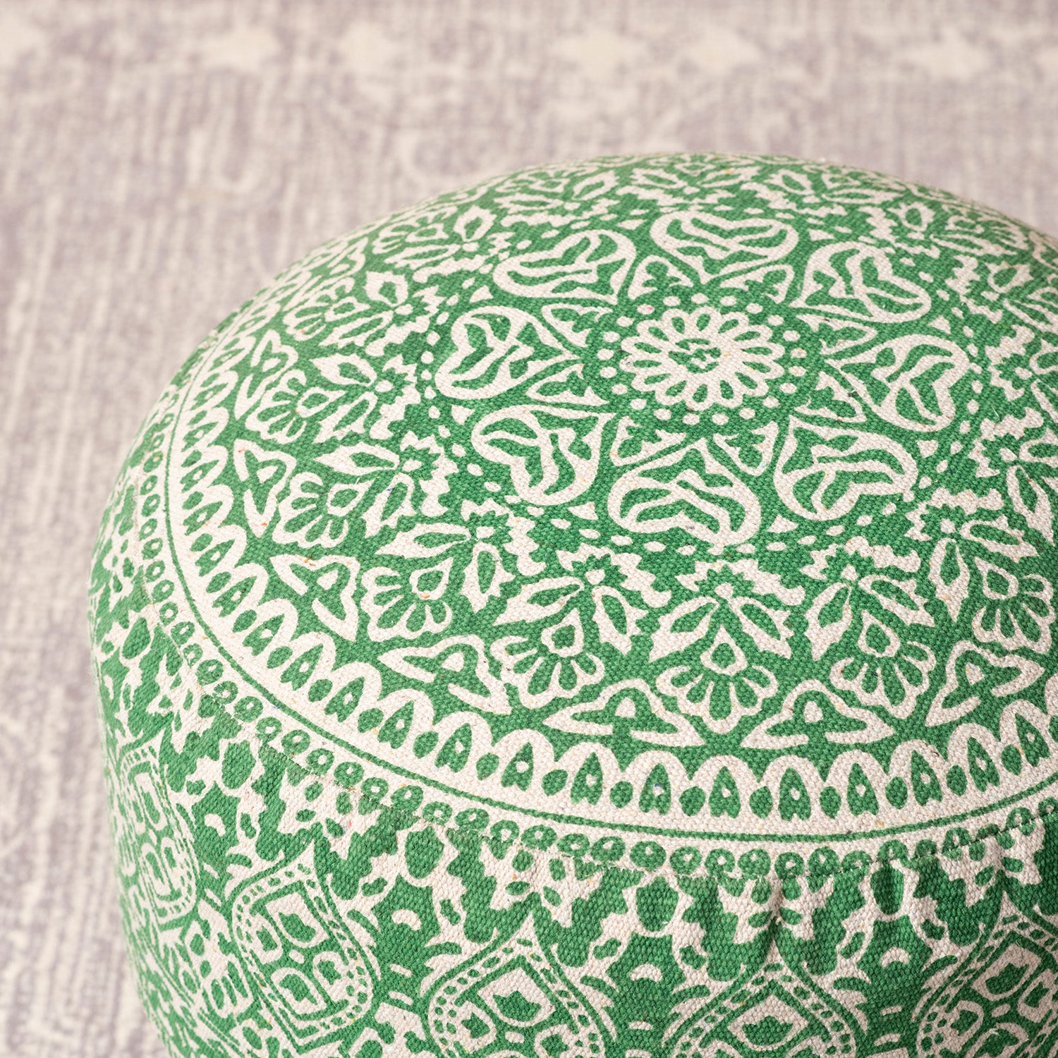 Botanic Fabric Wooden Ottoman in Green Color