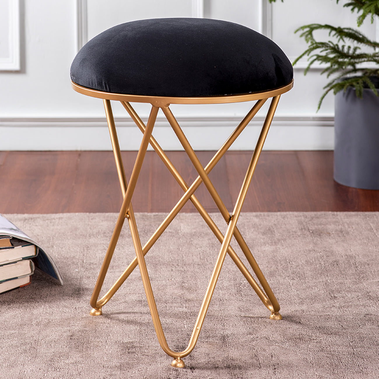 Classic Velvet Cross Metallic Stool in Black Color