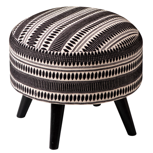 Bohemian Jacquard Wooden Ottoman in Black & White Set of 2