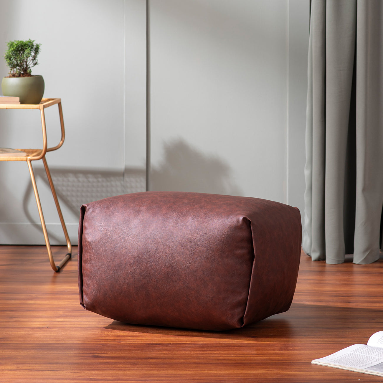 Buy Cuboid Collection Brown Faux Leather Pouffe Ottoman India shop