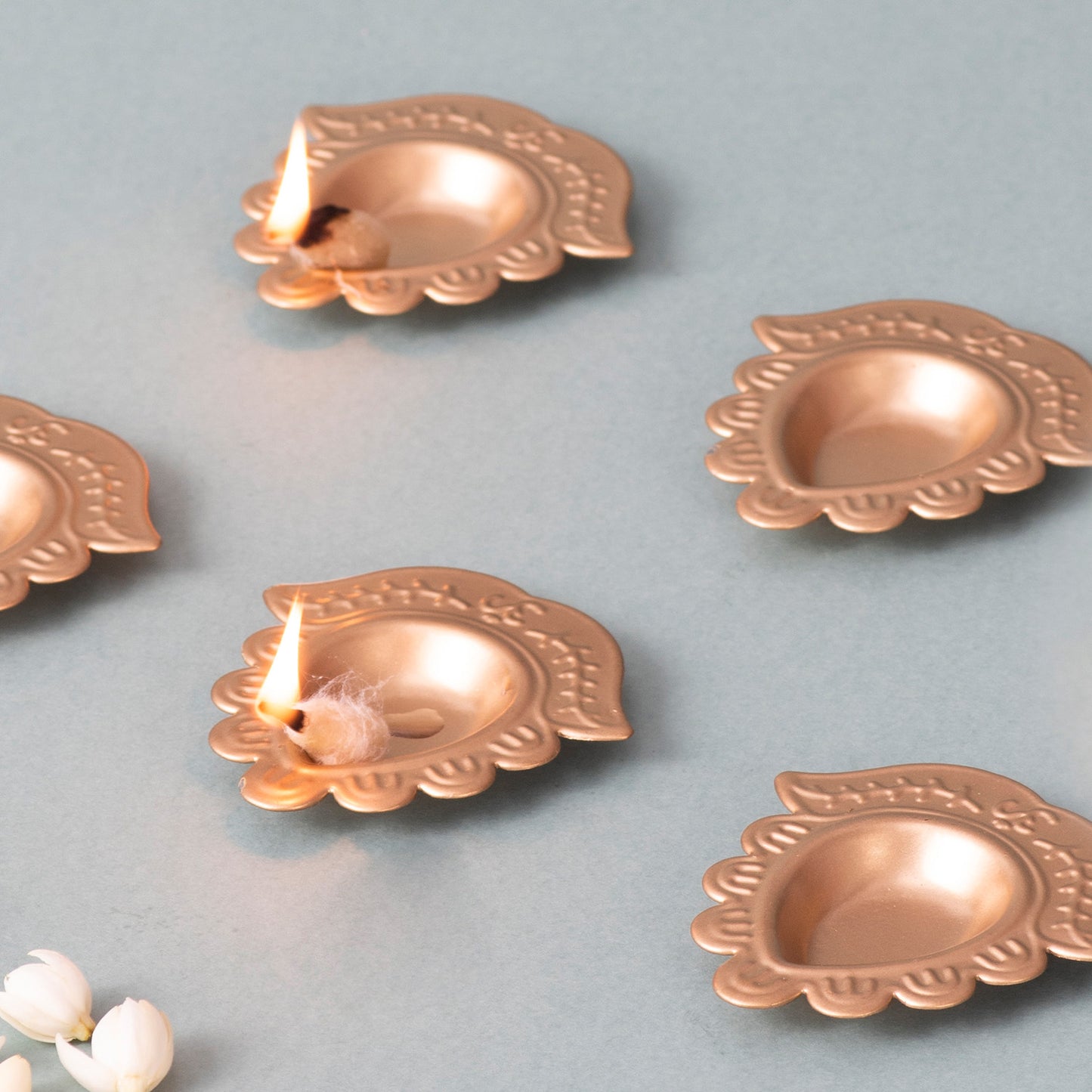 Gold Flower Design Diyas Set of 6