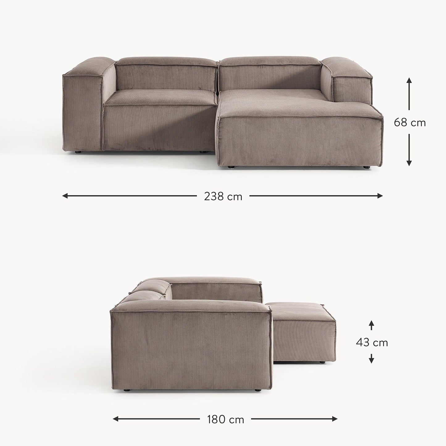 Elegant Edge 2 Seater Versatile Corduroy Grey L Shaped Sofa