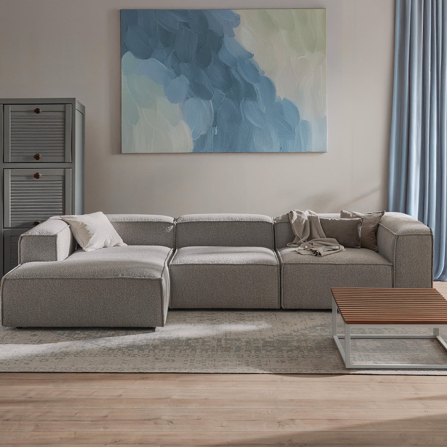 ElegantEdge 3 Seater Boucle Grey L Shaped Sofa