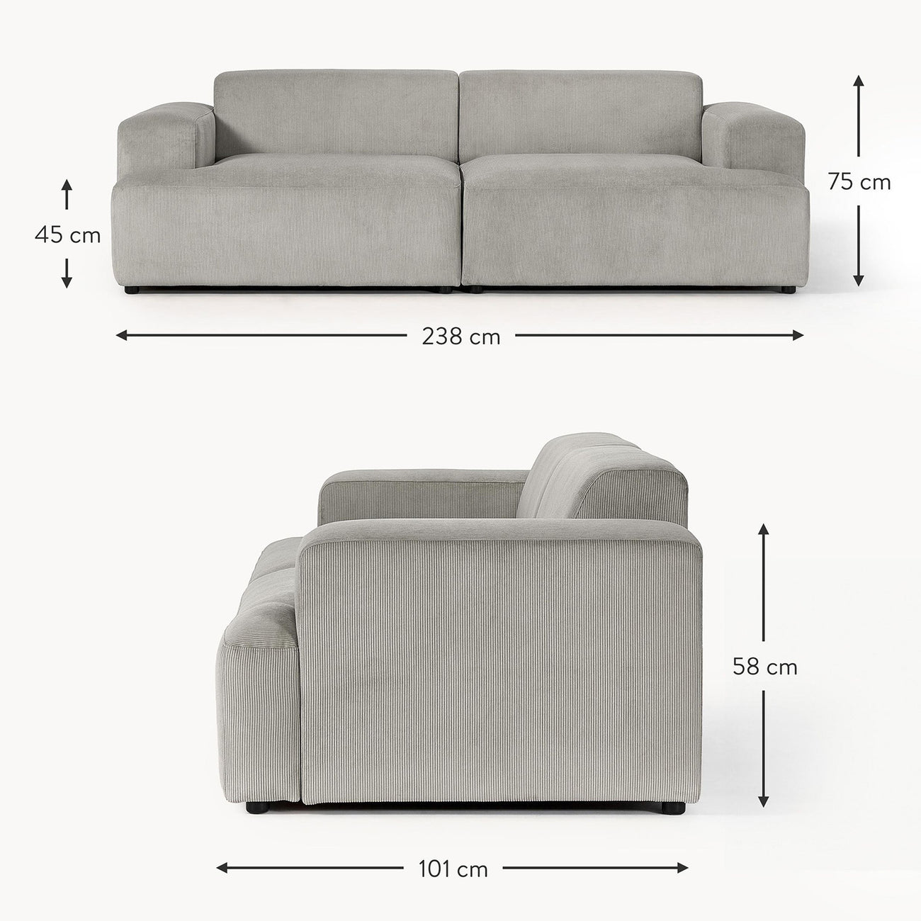 ComfortHaven Corduroy 2 Seater Sofa Grey