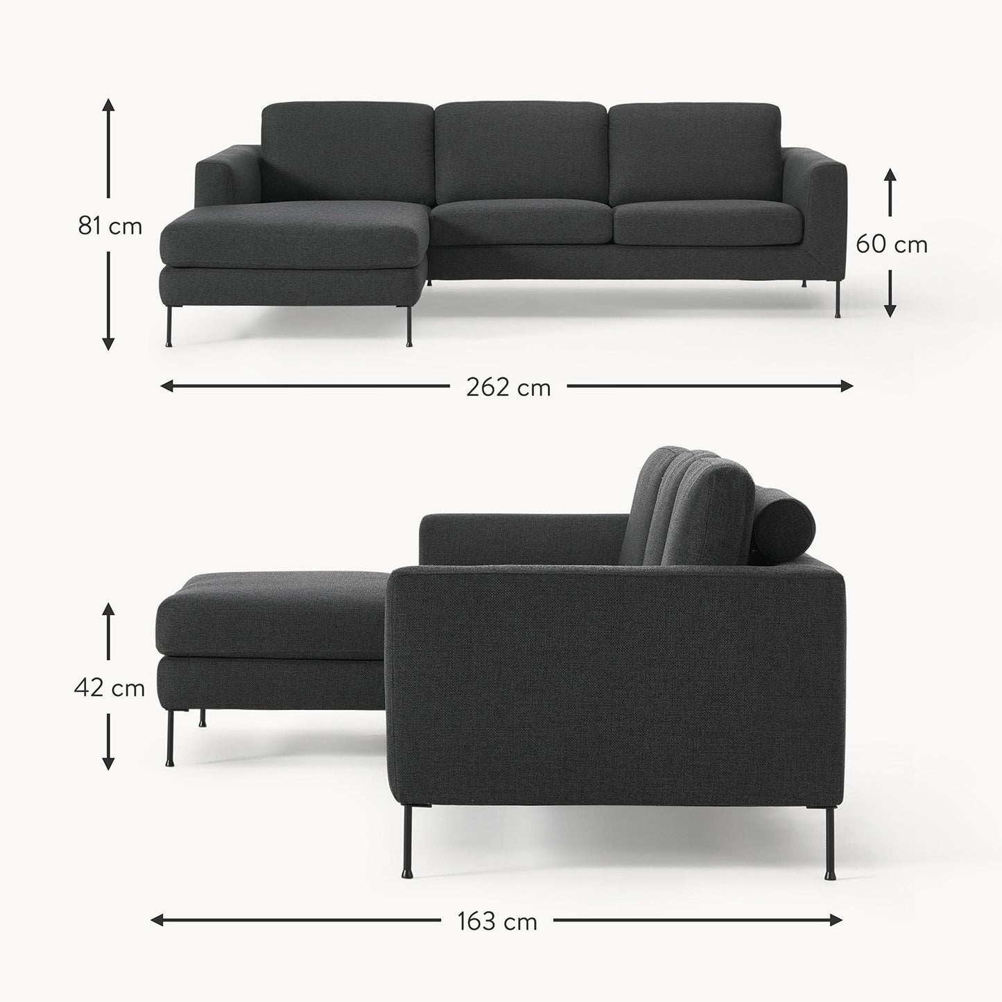 ModernElegance L Shaped 3 Seater Sofa Dark Grey