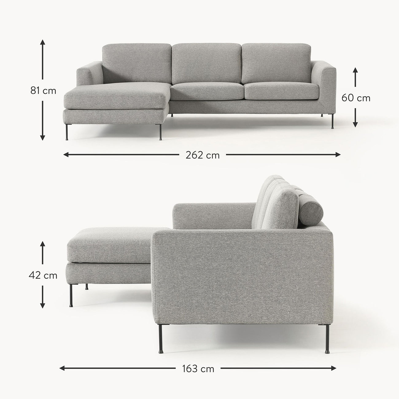 ModernElegance L Shaped 3 Seater Sofa Grey