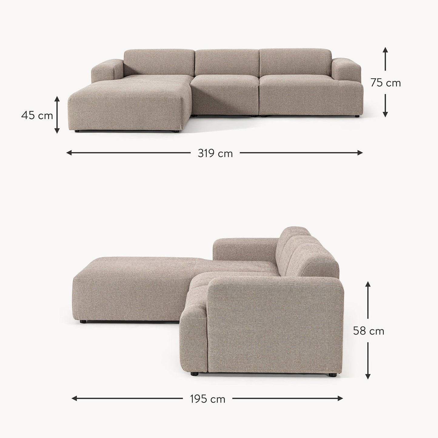 Sophisticated Comfort 3 Seater L Shaped Sofa CreBeigeme