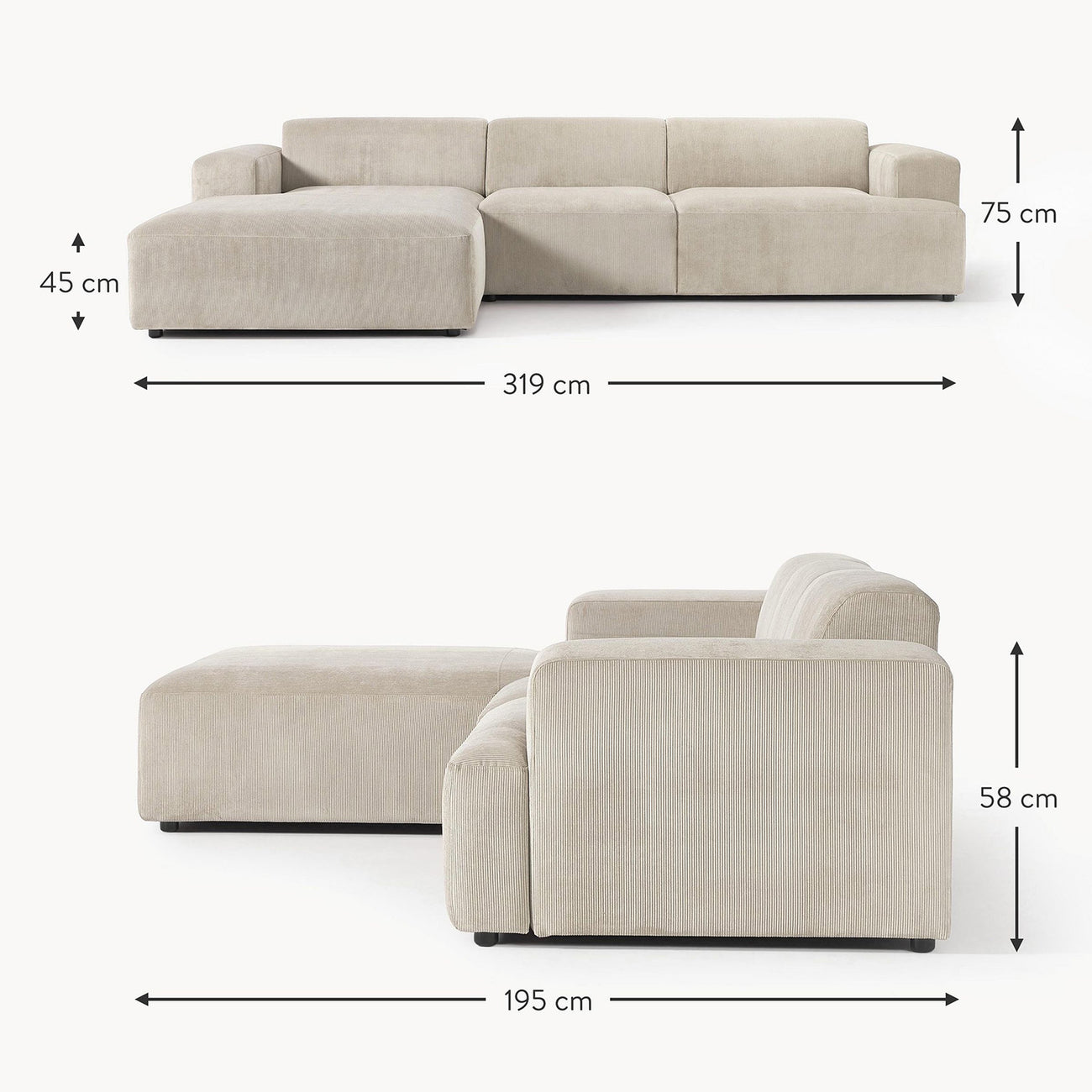 Sophisticated Comfort Corduroy 3 Seater L Shaped Sofa Creme