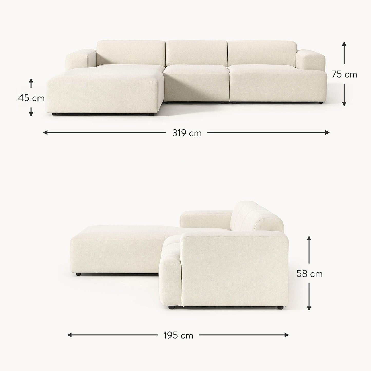 Sophisticated Comfort 3 Seater L Shaped Sofa Crème