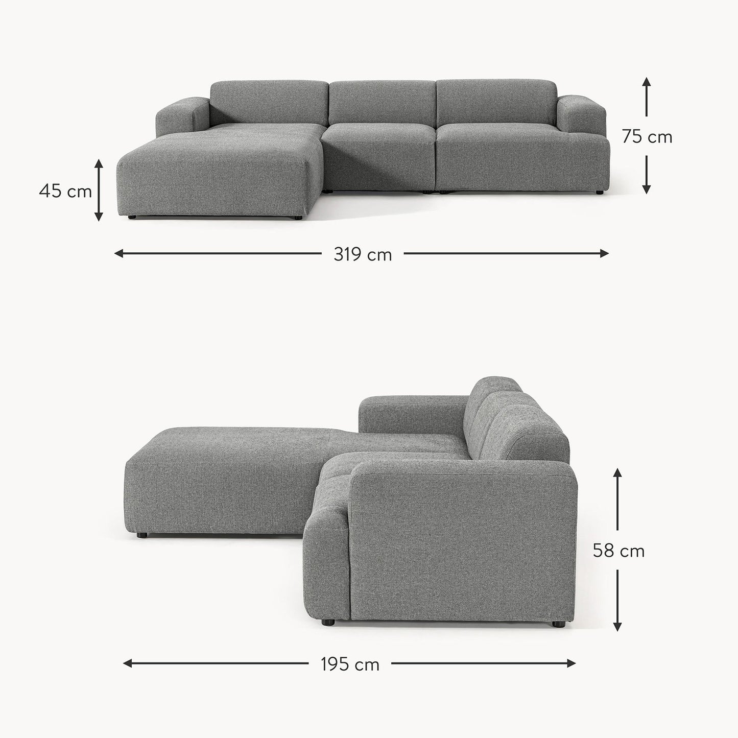 Sophisticated Comfort 3 Seater L Shaped Sofa Dark Grey