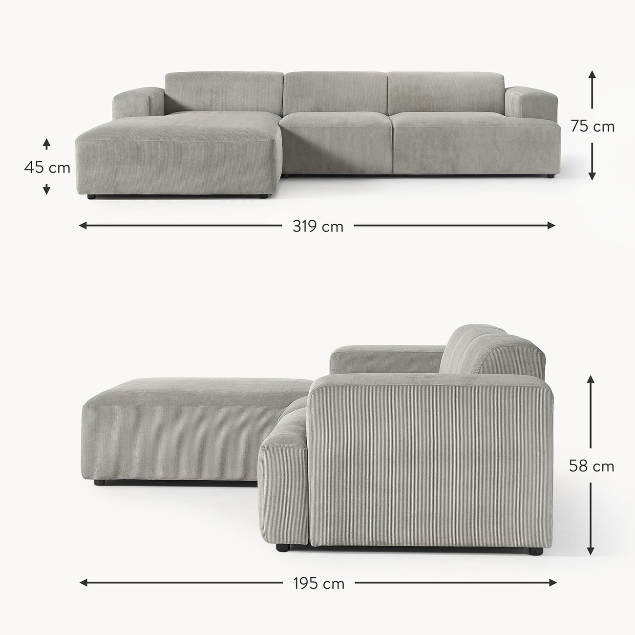 Sophisticated Comfort Corduroy 3 Seater L Shaped Sofa Grey