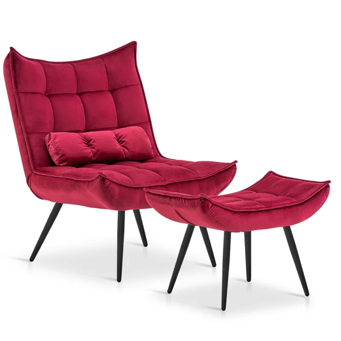 Luxurious Velvet Chair With Ottoman Footrest Red