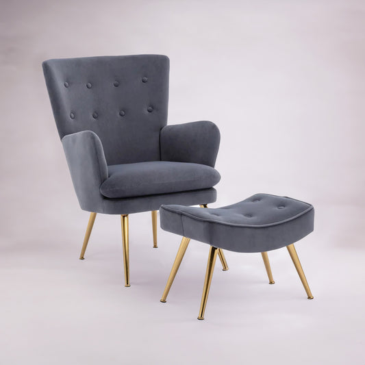 Velvet High-Back Accent Chairs With Ottoman Footrest Grey
