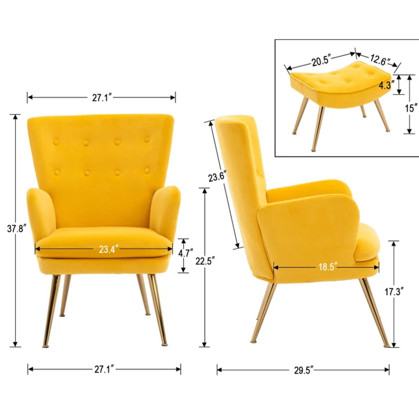 Velvet High-Back Accent Chairs With Ottoman Footrest Yellow
