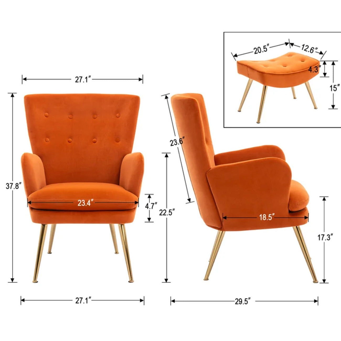 Velvet High-Back Accent Chairs With Ottoman Footrest Orange