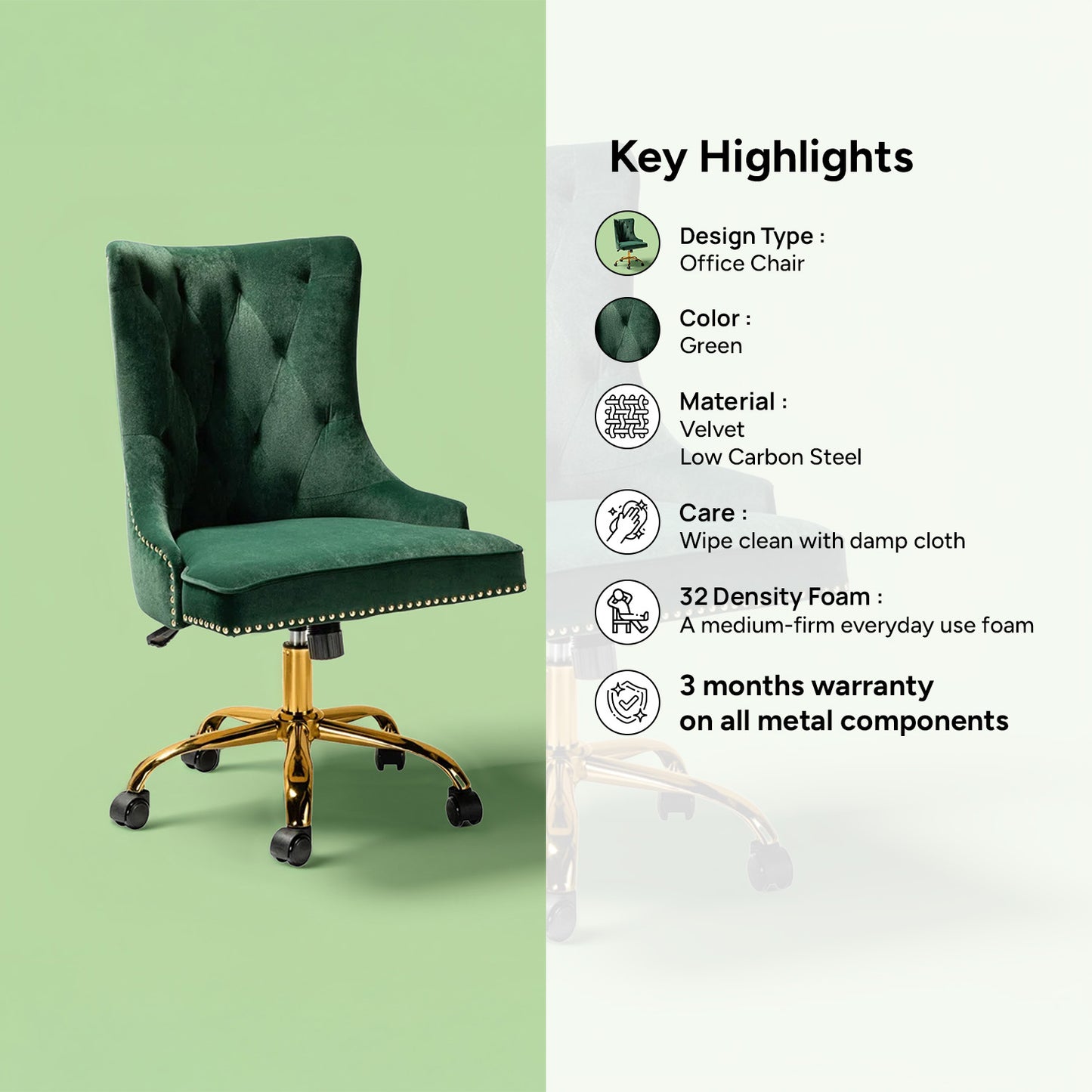 Boss Velvet Tufted Office Chair With Wheels Green