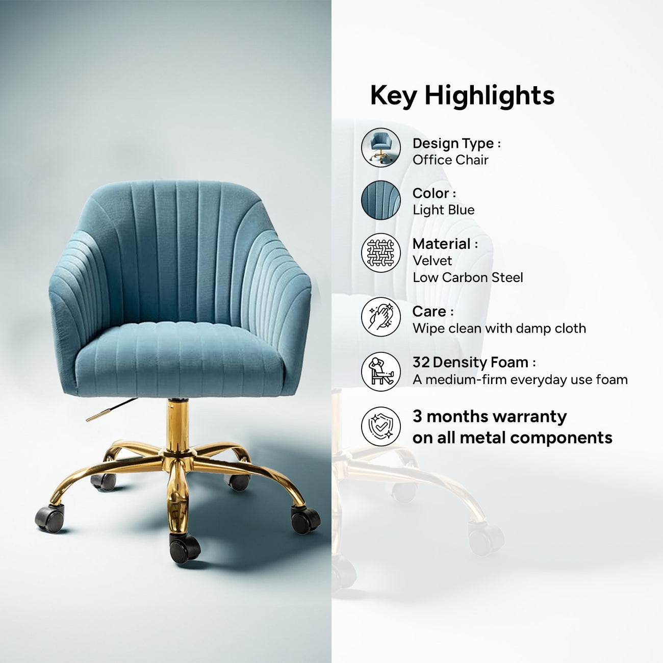 Luxurious Velvet Office Designer Chair Light Blue