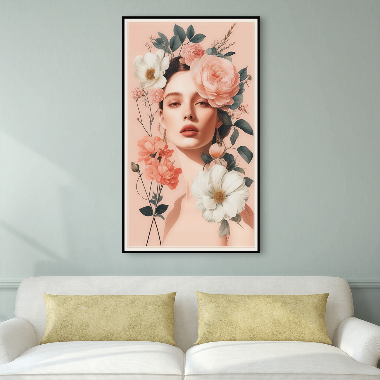 Floral Serenity: Woman in Portrait Canvas Wall Painting