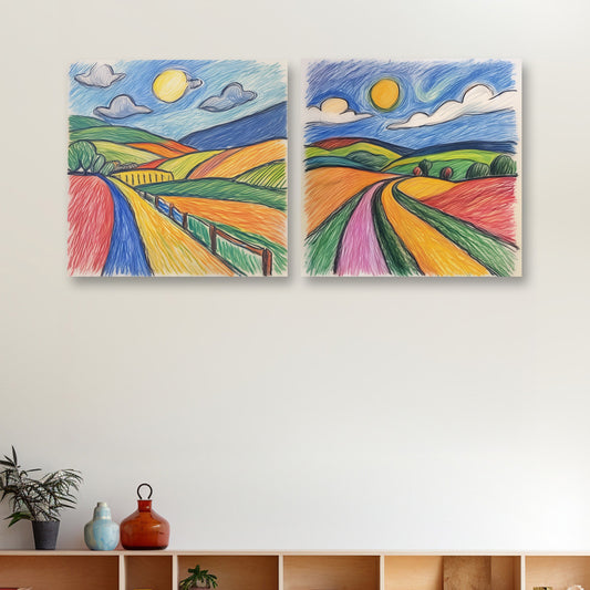 Crayon Hand Drawn Canvas Kids Room Wall Painting Set of 2