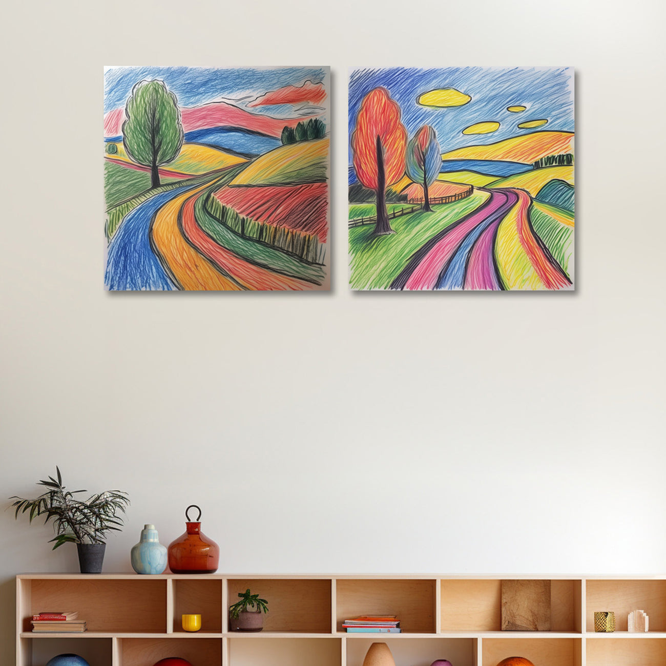 Colorful Crayon Hand Drawn Canvas Kids Room Wall Painting Set of 4