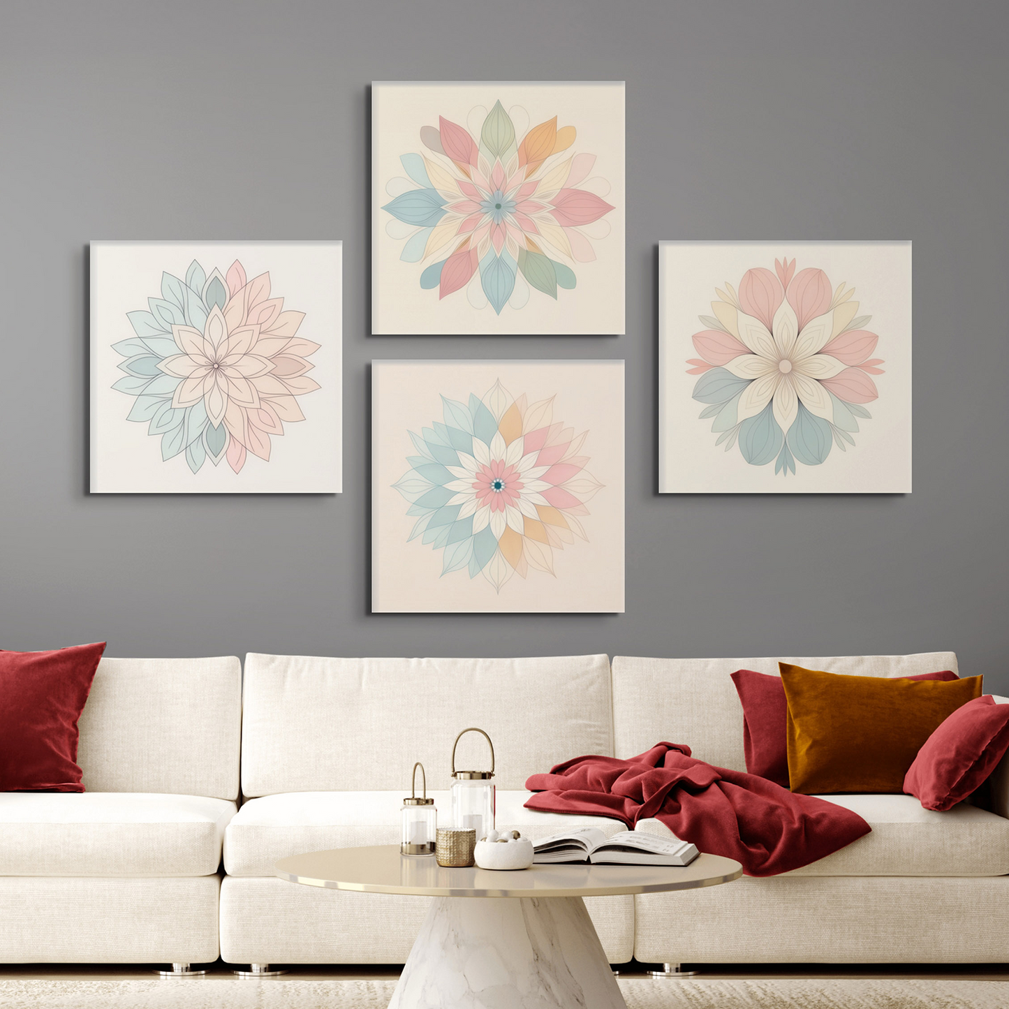 Harmonious Floral Beauty on Beige Canvas Painting Set of 4