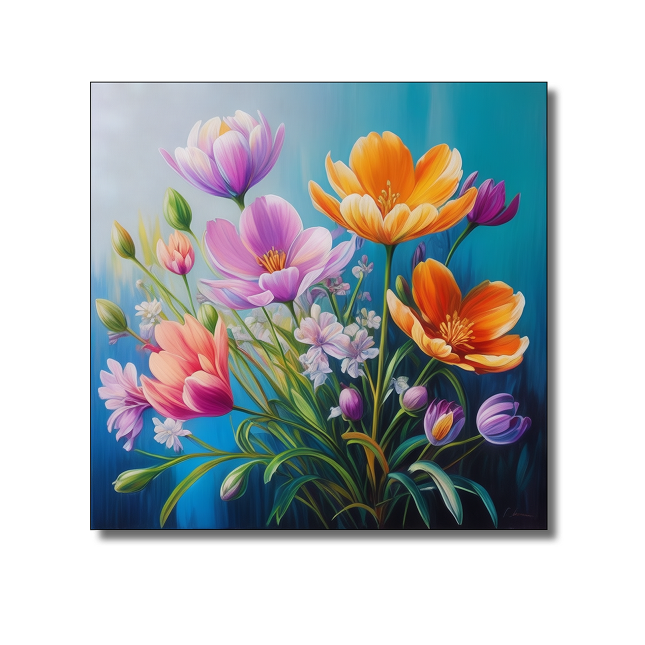 Vibrant Flowers on Blue Canvas Printed Wall Painting