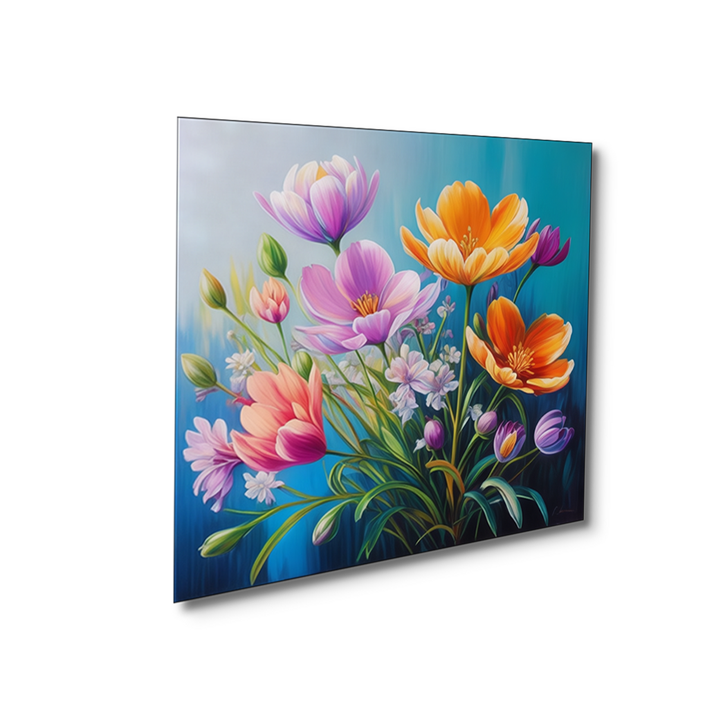 Vibrant Flowers on Blue Canvas Printed Wall Painting