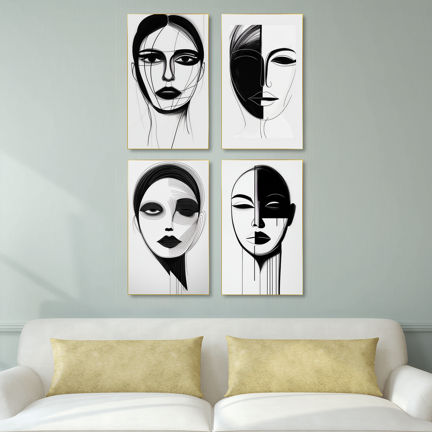 Monochrome Elegance: Woman's Captivating Portrait Set of 4 Canvas Wall Painting