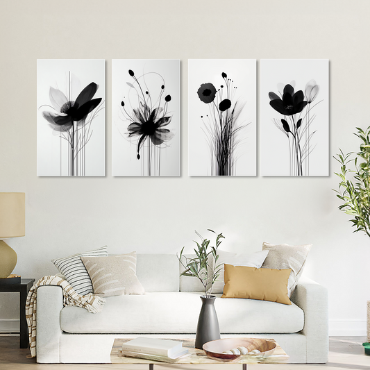 Monochrome Floral Elegance: Wall Art Canvas Paintings Set of 4