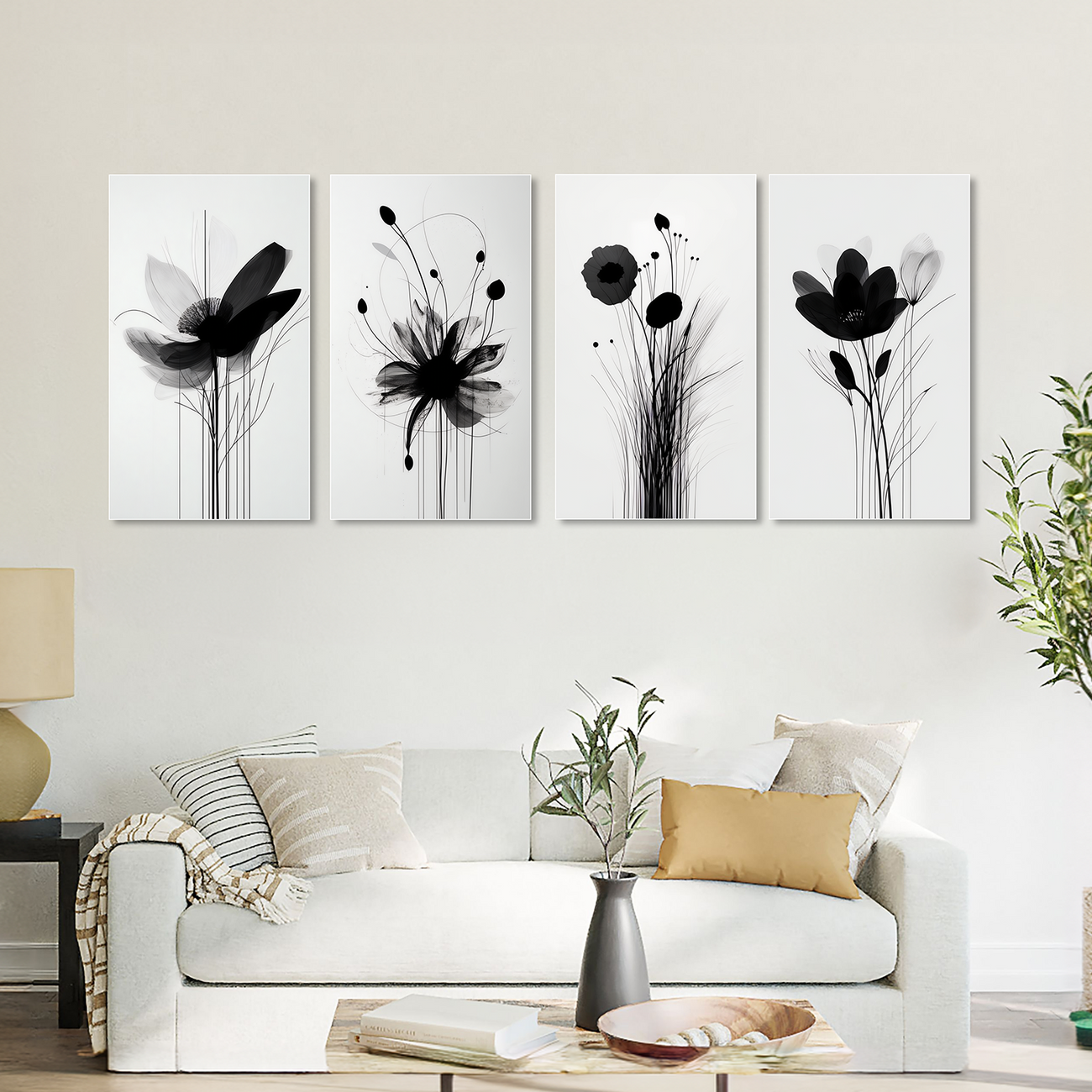 Monochrome Floral Elegance: Wall Art Canvas Paintings Set of 4