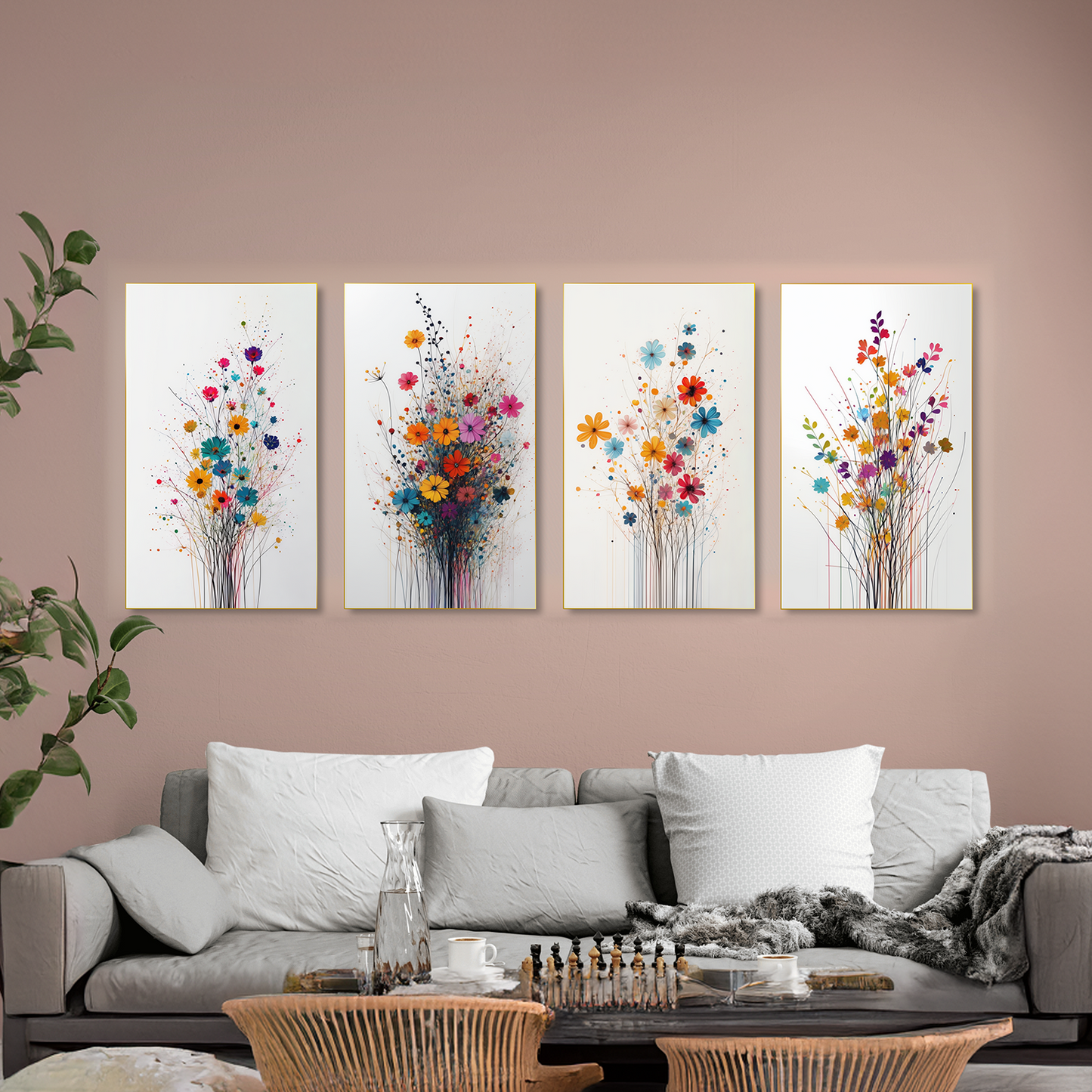 Floral Elegance: Set of 4 Canvas Wall Painting