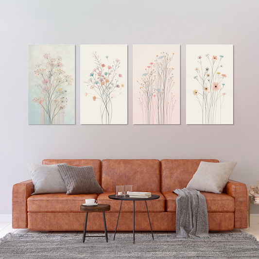 Floral Symphony: Set of 4 Canvas Wall Painting