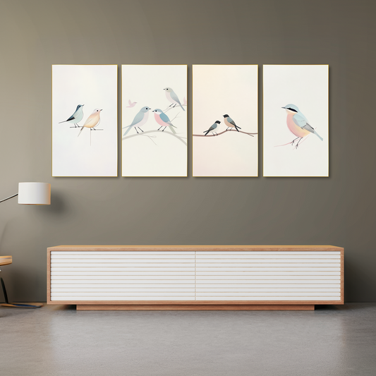 Serene Bird Branch Art Set of 4 Canvas Wall Painting