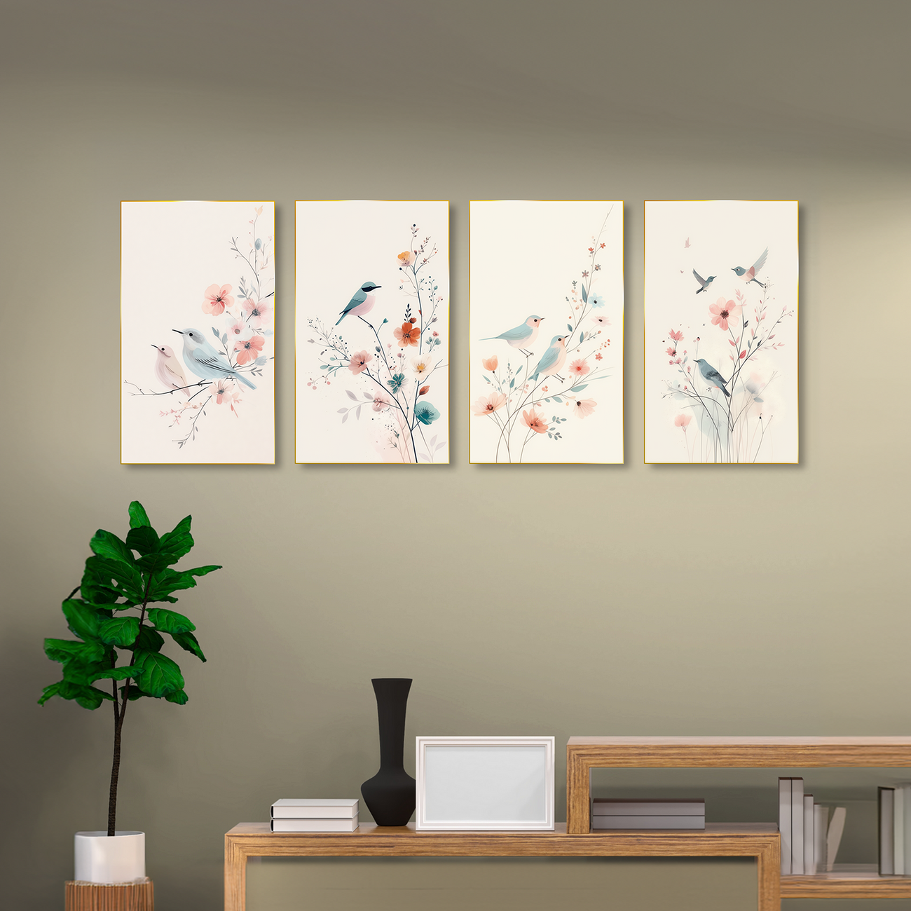 Birds on Branch Art Set of 4 Canvas Wall Painting