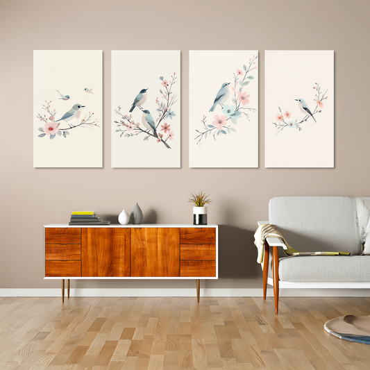 Chirpy Birds Wall Art Set of 4 Canvas Wall Painting