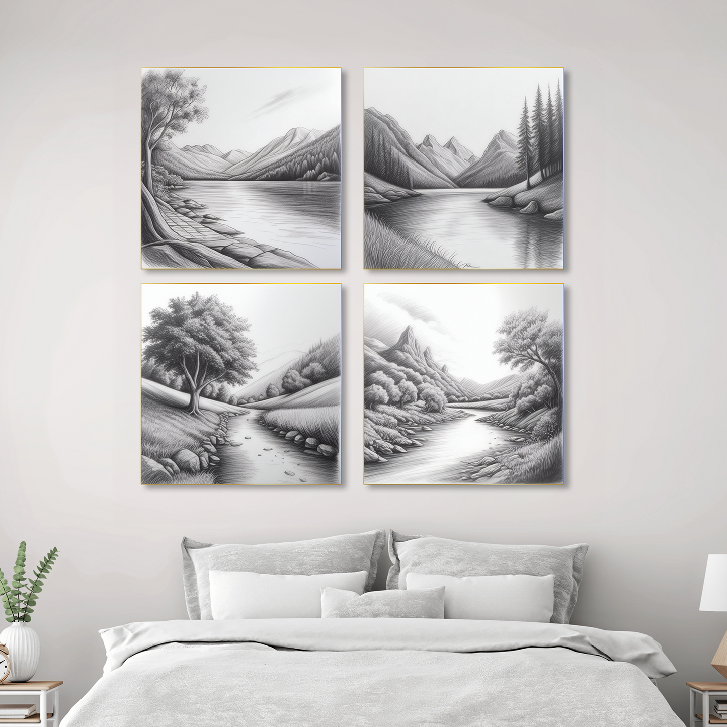 Serene River and Tree Art Set of 4 Canvas Printed Wall Painting