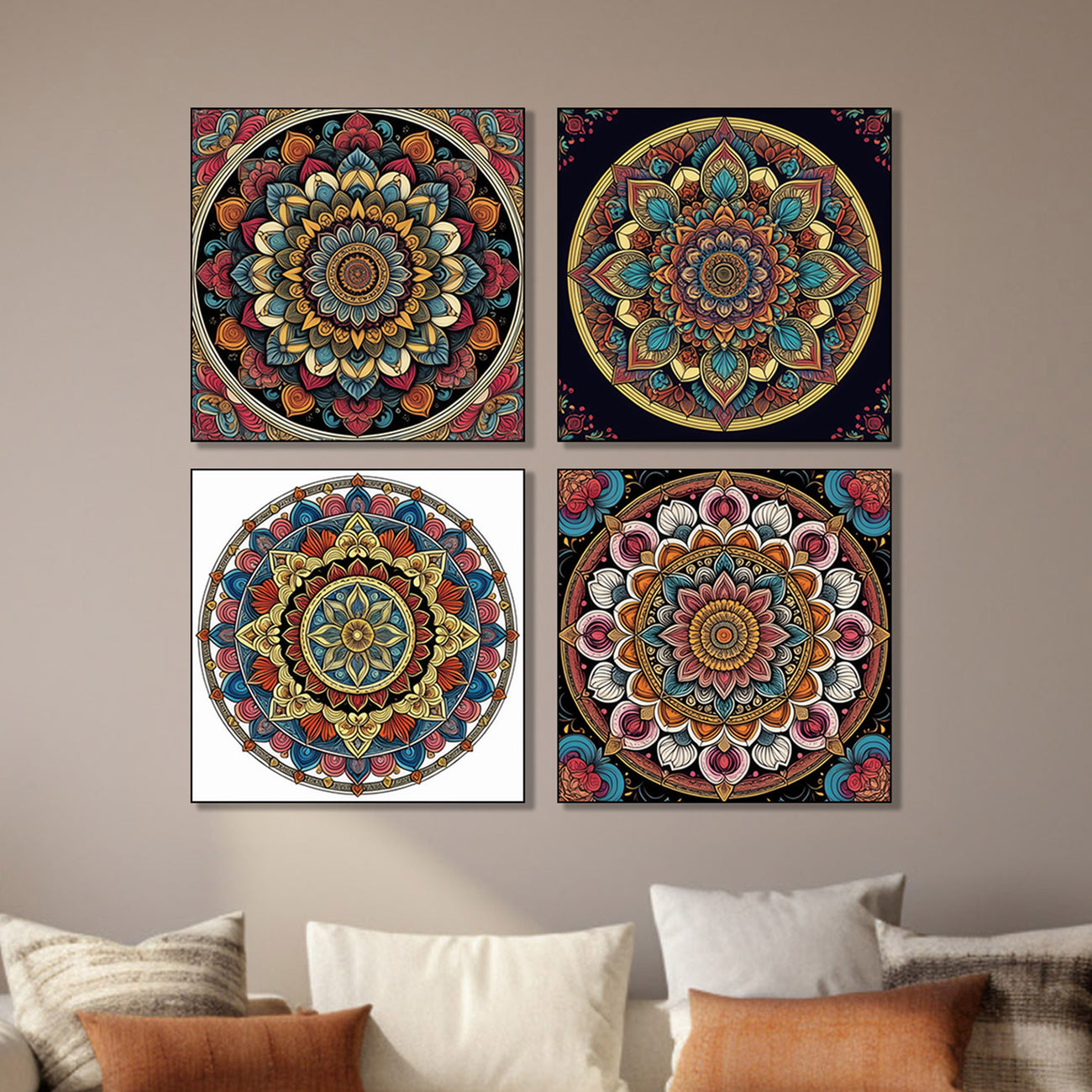 Vibrant Floral Circle Canvas Set of 4 Printed Wall Painting