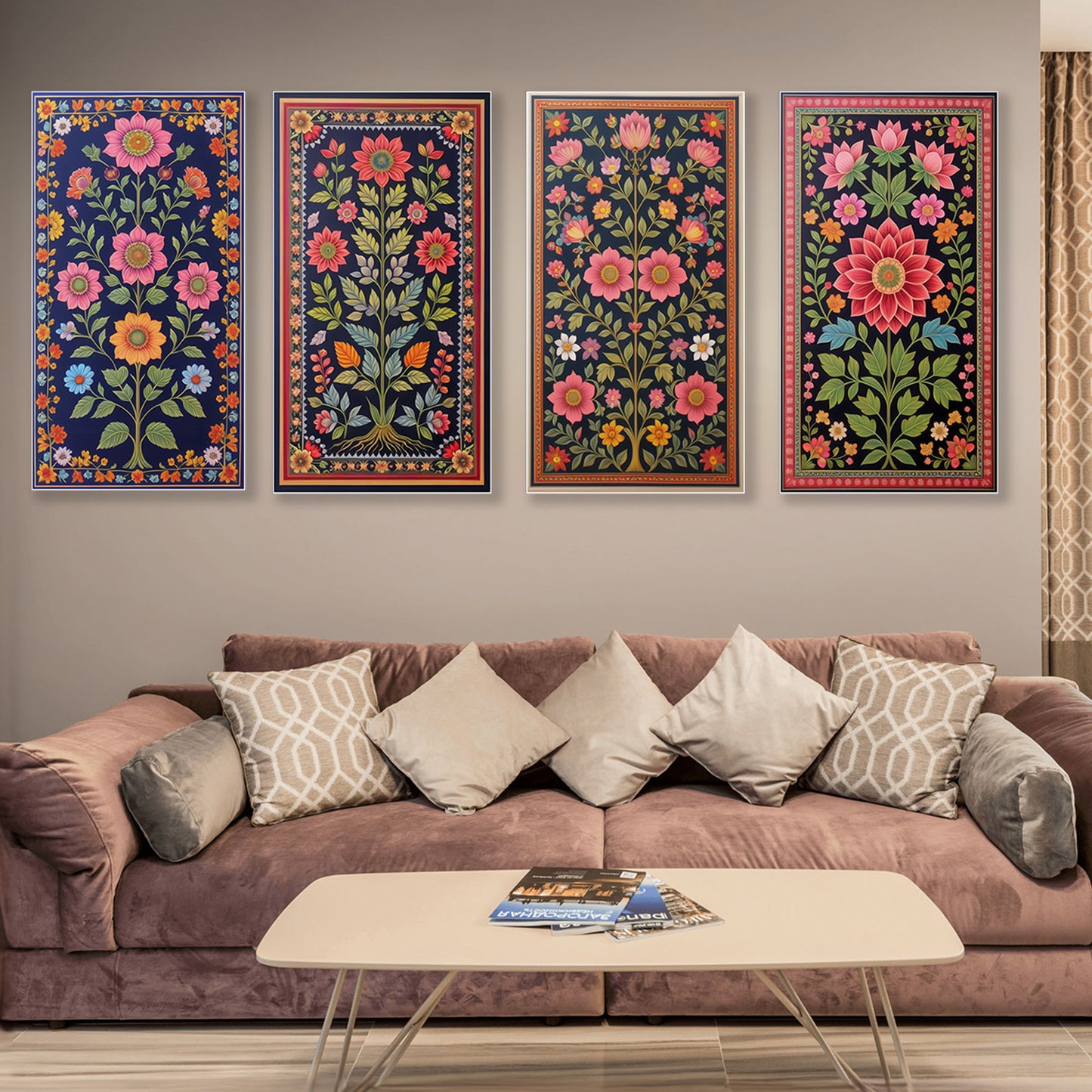 Vibrant Blue Floral Tapestry Series Set of 4 Printed Wall Painting