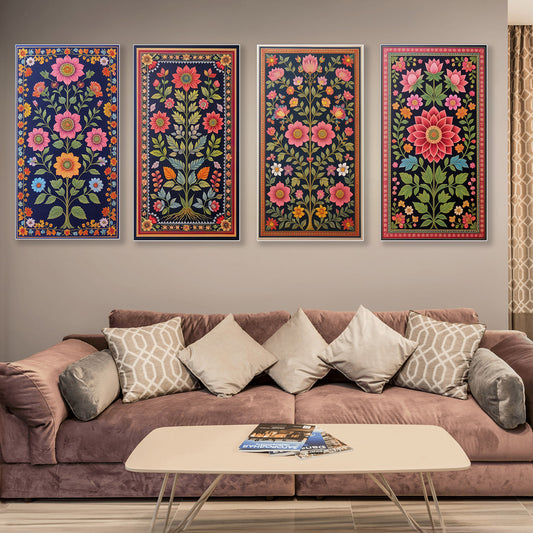 Vibrant Blue Floral Tapestry Series Set of 4 Printed Wall Painting