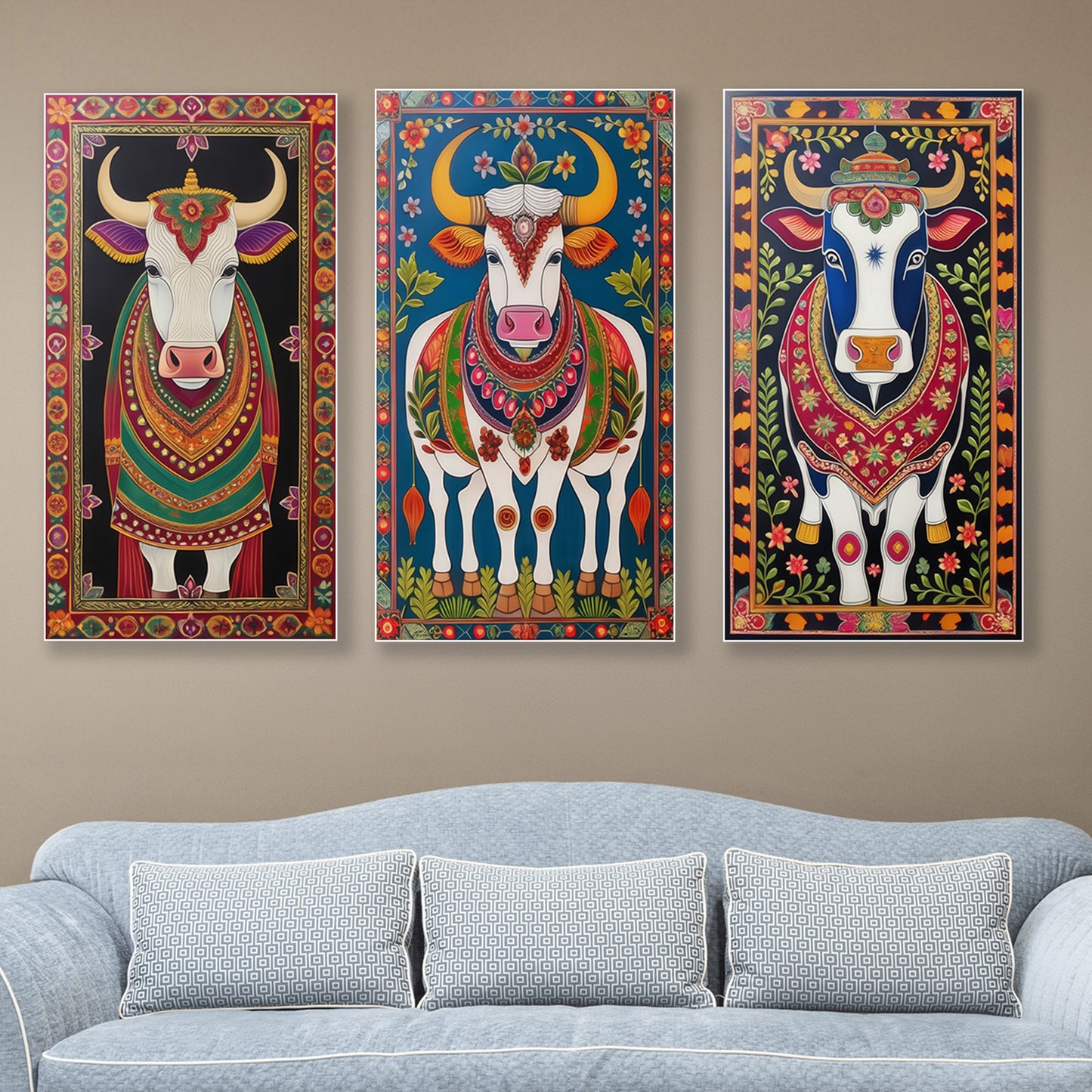 Sacred Indian Cow Canvas Collection Printed Wall Painting Set of 3