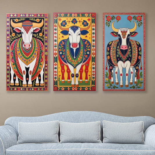 Collection of Sacred Indian Cow Wall Painting Set of 3