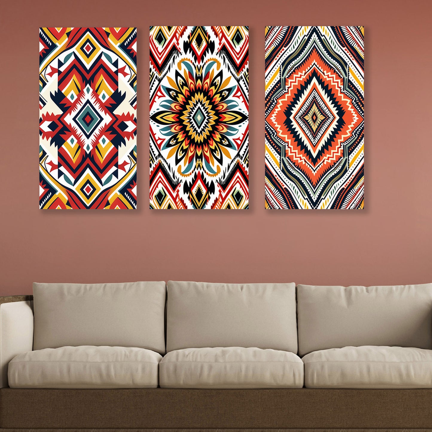 Vibrant Tribal Pattern Canvas Set of 3 Printed Wall Painting