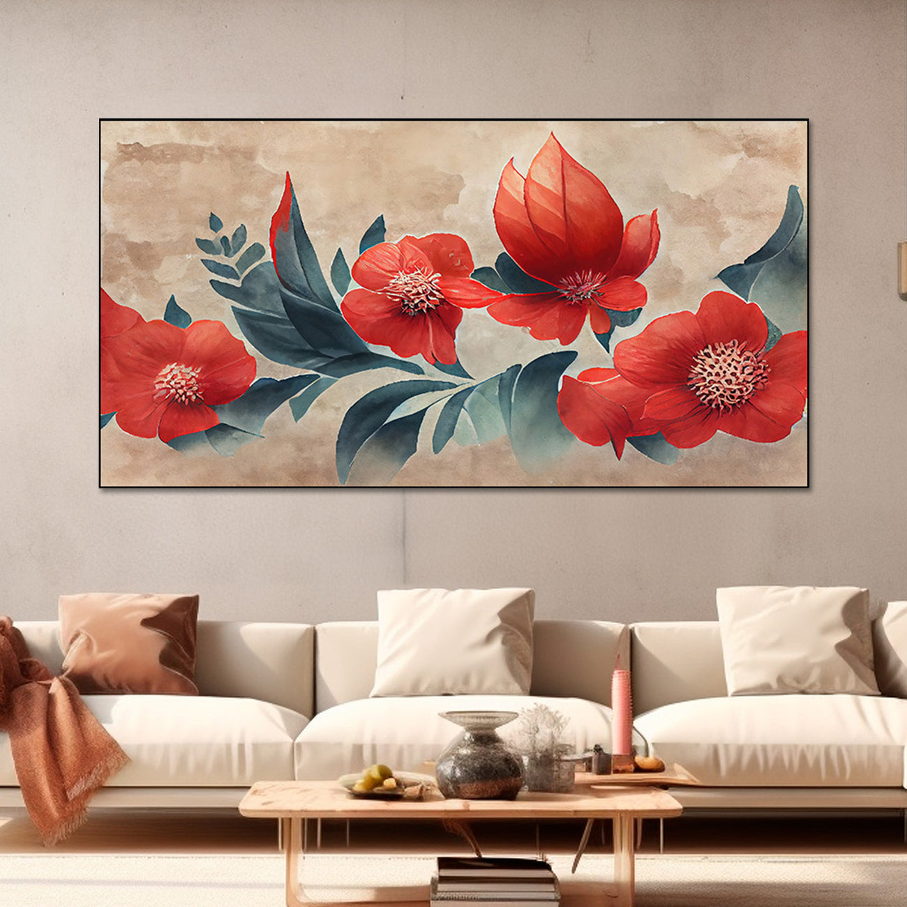 Vibrant Red Blossoms on Beige