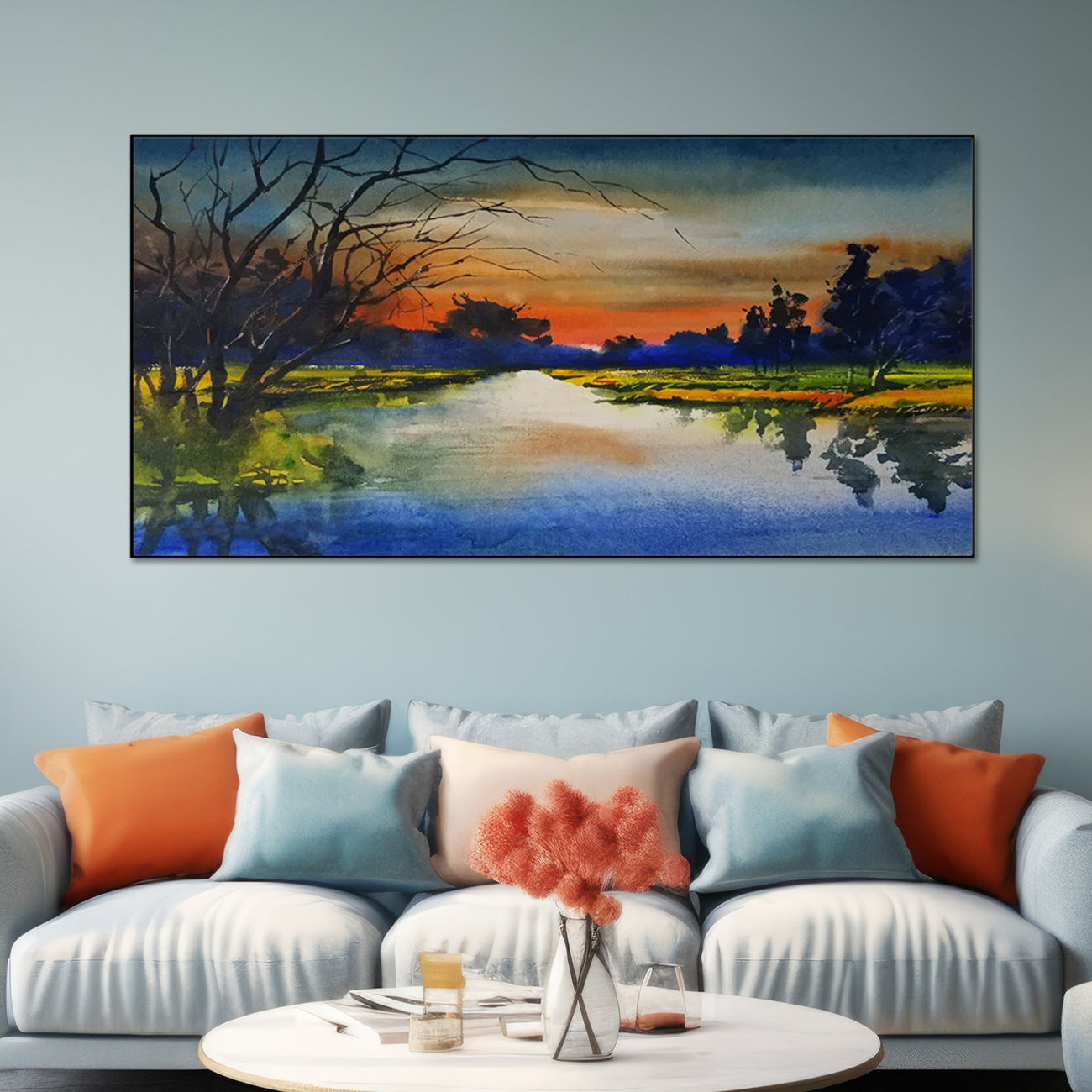 Watercolor Sunset Over Peaceful River