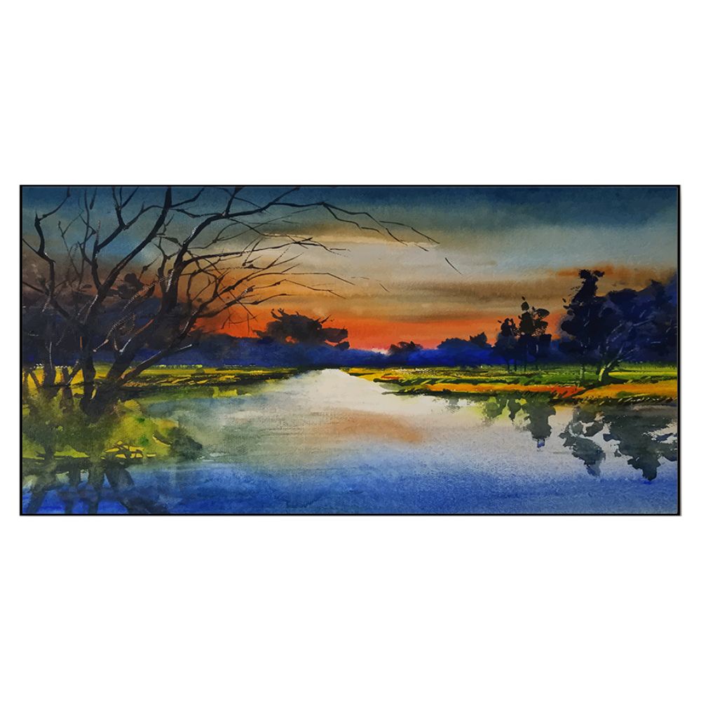 Watercolor Sunset Over Peaceful River