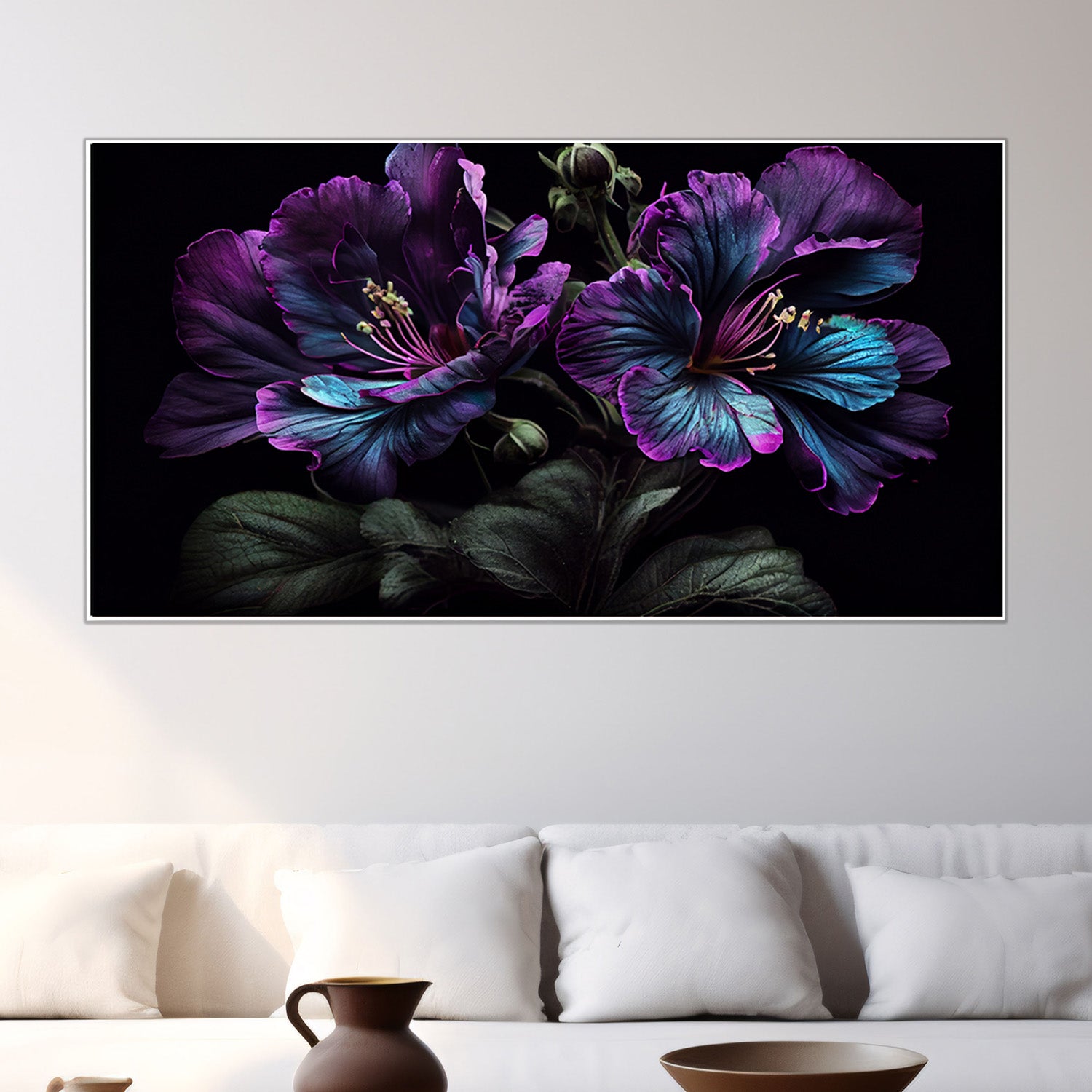 Purple Flowers on Black Canvas